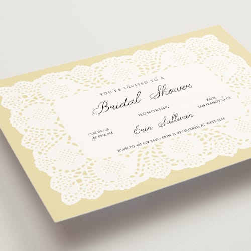 This is a butter bridal shower invitations with standard by Studio Suku called lace printing on signature in standard