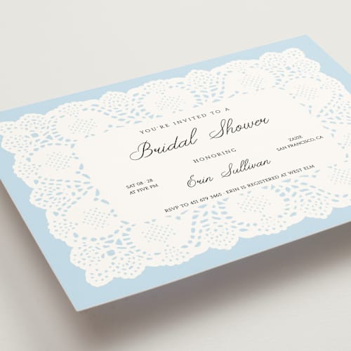 This is a baby blue bridal shower invitations with standard by Studio Suku called lace printing on signature in standard