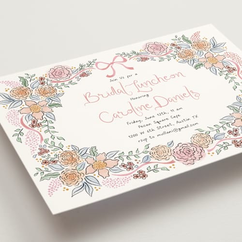 This is a blush bridal shower invitations with standard by Tamara Hilje called portofino printing on signature in standard