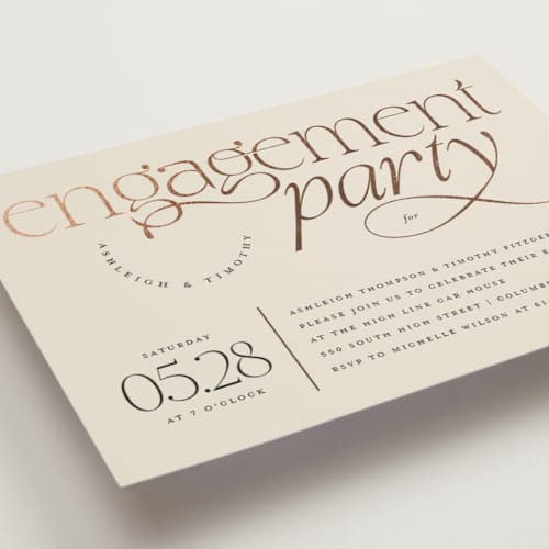 This is a almond engagement party invitations with foil pressed by Heather Schertzer called boho swashes printing on signature in standard