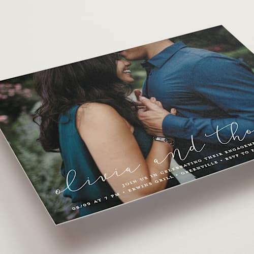 This is a cloud engagement party invitations with standard by Stacey Meacham called etched in love printing on signature in standard