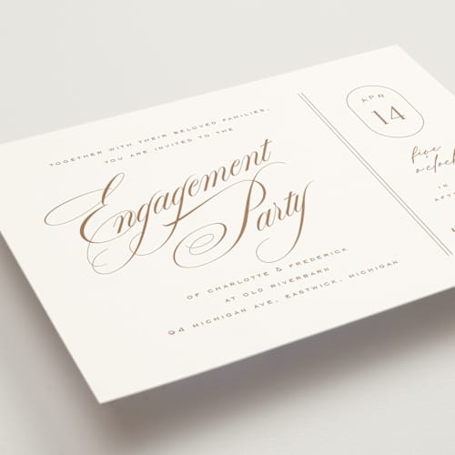 This is a cocoa engagement party invitations with standard by chocomocacino called gelt printing on signature in standard