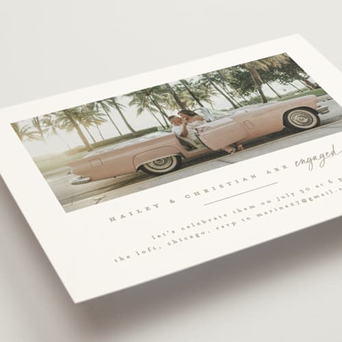 This is a moonstone engagement party invitations with standard by Creo Study called cinemascopic printing on signature in standard