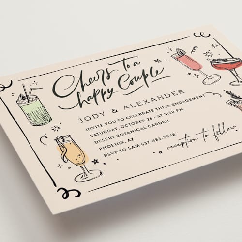 This is a creme engagement party invitations with standard by Anastasia Makarova called cheers to a happy couple printing on signature in standard