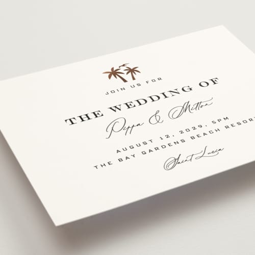 This is a cloud foil stamped wedding invitations with foil pressed by Laura Hamm called tropical getaway printing on signature in standard