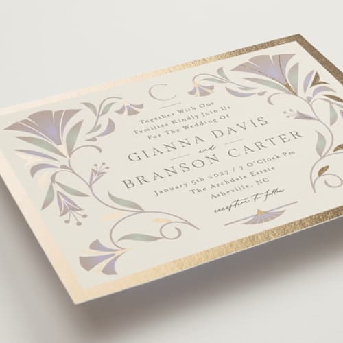 This is a vanilla foil stamped wedding invitations with foil pressed by Lori Wemple called deco nouveau printing on signature in standard