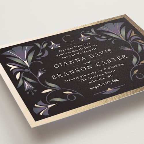 This is a midnight foil stamped wedding invitations with foil pressed by Lori Wemple called deco nouveau printing on signature in standard