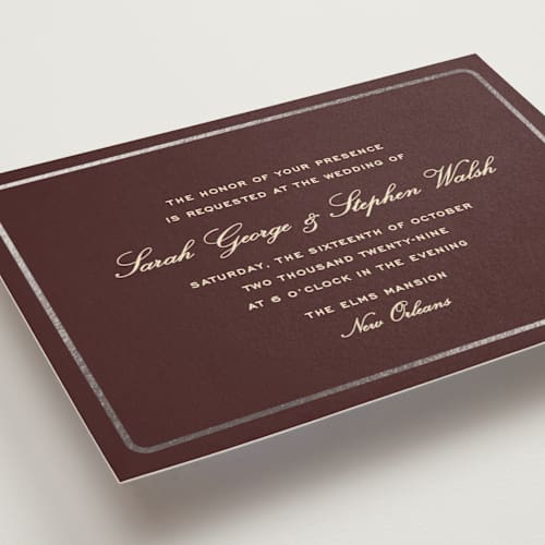 This is a fig foil stamped wedding invitations with foil pressed by Megan Davis called aperitif printing on signature in standard