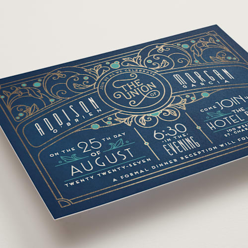 This is a goldenrod foil stamped wedding invitations with foil pressed by GeekInk Design called ornate deco printing on signature in standard