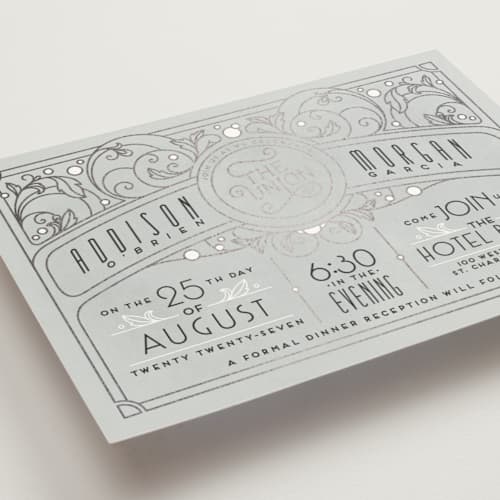 This is a slate foil stamped wedding invitations with foil pressed by GeekInk Design called ornate deco printing on signature in standard