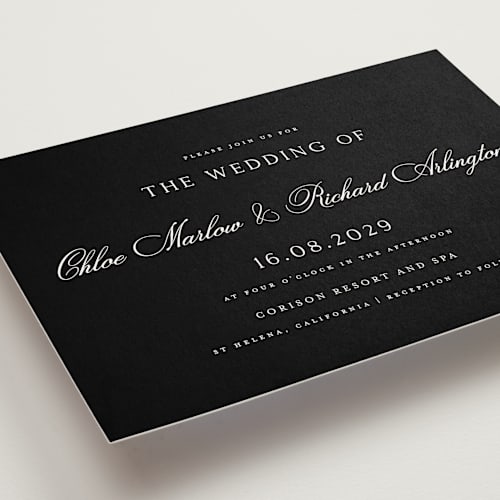 This is a midnight wedding invitations with standard by Kelly Schmidt called landscape script printing on signature in standard