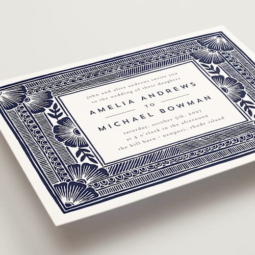 This is a navy wedding invitations with standard by Katharine Watson called block print frame printing on signature in standard