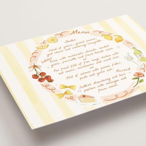 This is a flame menu cards with standard by Pati Cascino called giardino printing on signature in 5x7