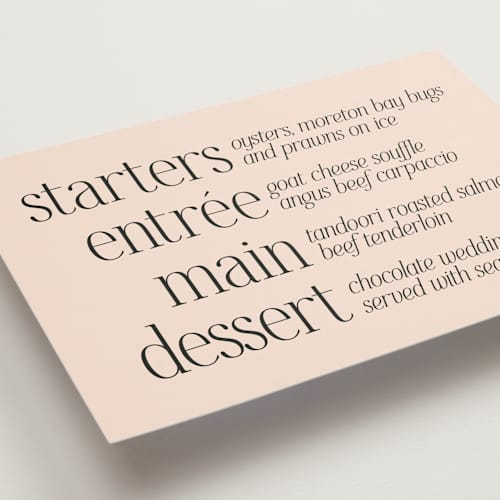 This is a champagne menu cards with standard by Hudson meet Rose called noho printing on signature in standard