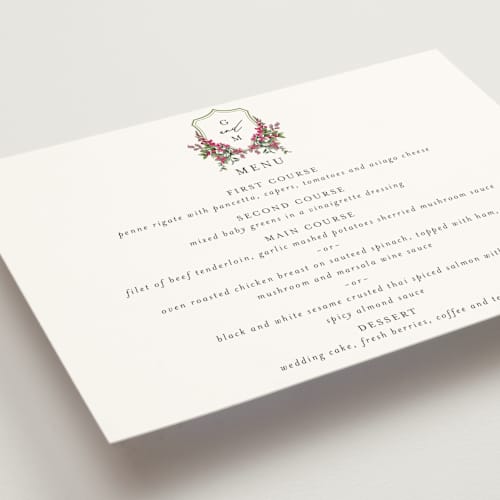 This is a peony menu cards with standard by Susan Moyal called romantic florals printing on signature in 5x7