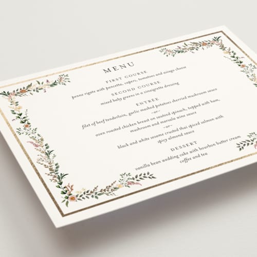 This is a blush menu cards with foil pressed by Susan Moyal called blooming vine printing on signature in 5x7
