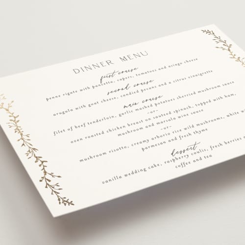 This is a alabaster menu cards with foil pressed by Susan Moyal called delicate vine printing on signature in 5x7