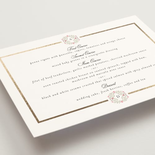 This is a peony menu cards with foil pressed by Susan Moyal called embrace printing on signature in 5x7