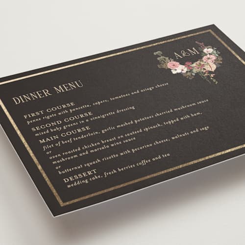 This is a blush menu cards with foil pressed by Susan Moyal called flouriishing printing on signature in 5x7