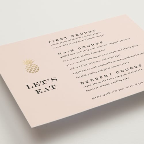 This is a blush menu cards with foil pressed by Laura Hamm called tropical getaway printing on signature in 5x7