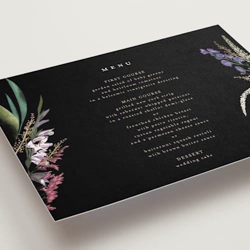 This is a midnight menu cards with foil pressed by Susan Moyal called bold bouquet printing on signature in standard