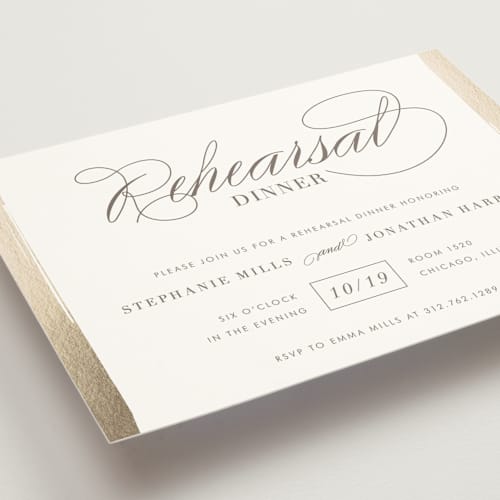 This is a gold rehearsal dinner invitations with standard by Lehan Veenker called golden rehearsal printing on signature in standard
