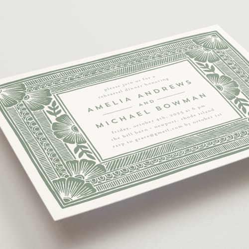 This is a sage rehearsal dinner invitations with standard by Katharine Watson called block print frame printing on signature in standard