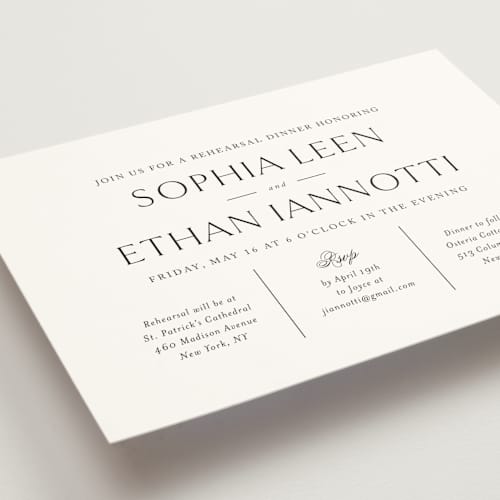 This is a silk rehearsal dinner invitations with standard by Jennifer Postorino called sophisticate printing on signature in standard