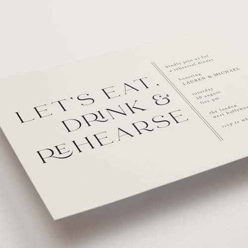 This is a titanium rehearsal dinner invitations with standard by Shirley Lin Schneider called eat, drink and rehearse printing on signature in standard