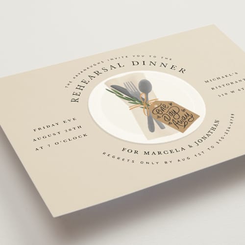 This is a tan rehearsal dinner invitations with standard by Becky Nimoy called one day away place setting printing on signature in standard