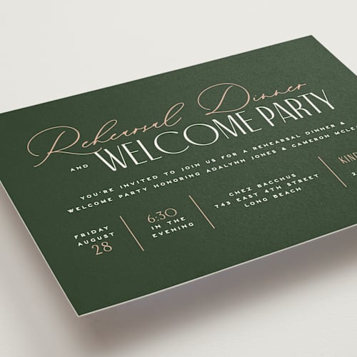 This is a emerald rehearsal dinner invitations with standard by Owl and Toad called two styles printing on signature in standard