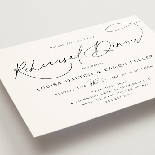 This is a peppercorn rehearsal dinner invitations with standard by Olivia Raufman called dashing script printing on signature in standard