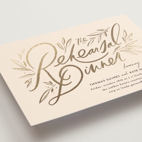 This is a almond rehearsal dinner invitations with foil pressed by Julie Murray called dinner fleur printing on signature in standard