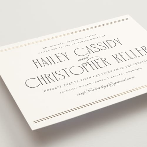 This is a diamond rehearsal dinner invitations with foil pressed by chocomocacino called merveilleux printing on signature in standard