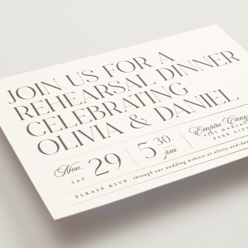 This is a linen rehearsal dinner invitations with foil pressed by Robert and Stella called headline printing on signature in standard
