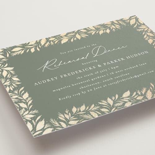 This is a meadow rehearsal dinner invitations with foil pressed by Jackie Crawford called festive leafy frame printing on signature in standard