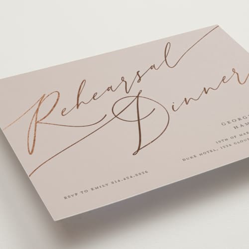 This is a hydrangea rehearsal dinner invitations with foil pressed by letterfix called flowy script printing on signature in standard