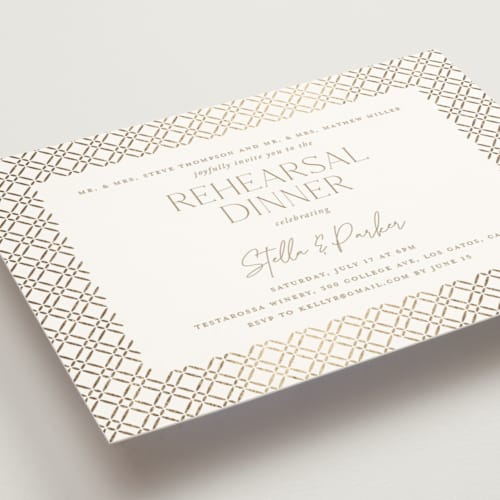This is a almond rehearsal dinner invitations with foil pressed by Yaling Hou Suzuki called rattan printing on signature in standard
