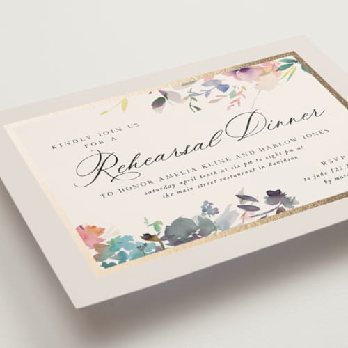 This is a cornflower rehearsal dinner invitations with foil pressed by Lori Wemple called blooming evening printing on signature in standard