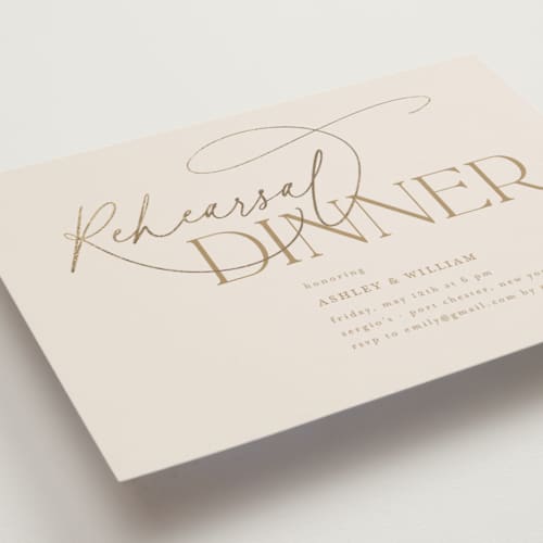 This is a champagne rehearsal dinner invitations with foil pressed by Nicole Barreto called typographical printing on signature in standard