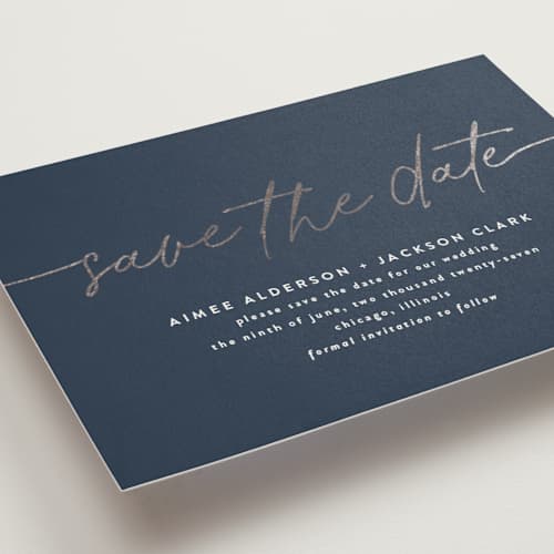 This is a navy foil stamped save the date cards with foil pressed by Susan Asbill called at last printing on signature in standard