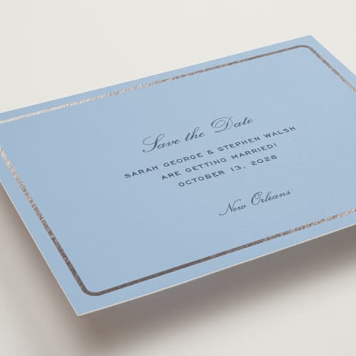 This is a sky foil stamped save the date cards with foil pressed by Megan Davis called aperitif printing on signature in standard