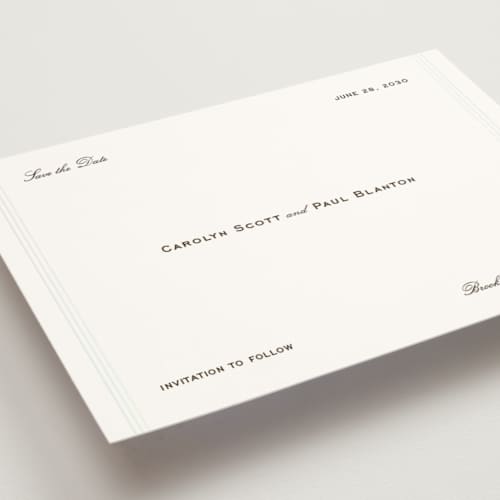 This is a espresso save the date with foil pressed by Megan Davis called gimlet printing on signature in standard