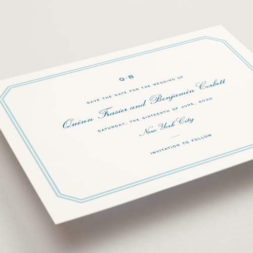This is a marine blue save the date with standard by Megan Davis called brasserie printing on signature in standard