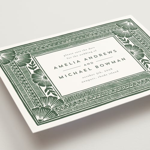This is a fern save the date with standard by Katharine Watson called block print frame printing on signature in standard
