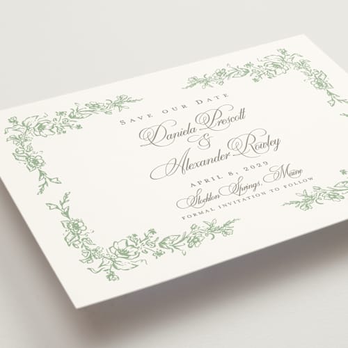 This is a mint save the date with standard by Melinda Denison called romantic garden printing on signature in standard