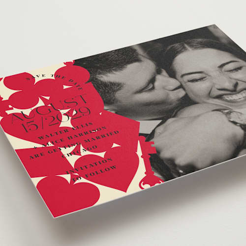 This is a ruby save the date with standard by Baumbirdy called pair of hearts from disney's alice in wonderland printing on signature in standard