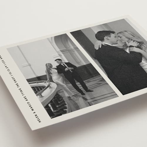 This is a stone save the date with standard by Becky Nimoy called diptych photos printing on signature in standard