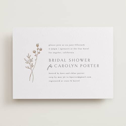 This is a cinnamon bridal shower invitations with letterpress by Kelly Schmidt called rustic elegance printing on white cotton in standard