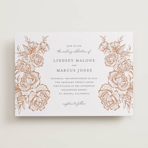 This is a sandstone | smoke letterpress wedding invitations with letterpress by Jennifer Postorino called in bloom printing on white cotton in standard